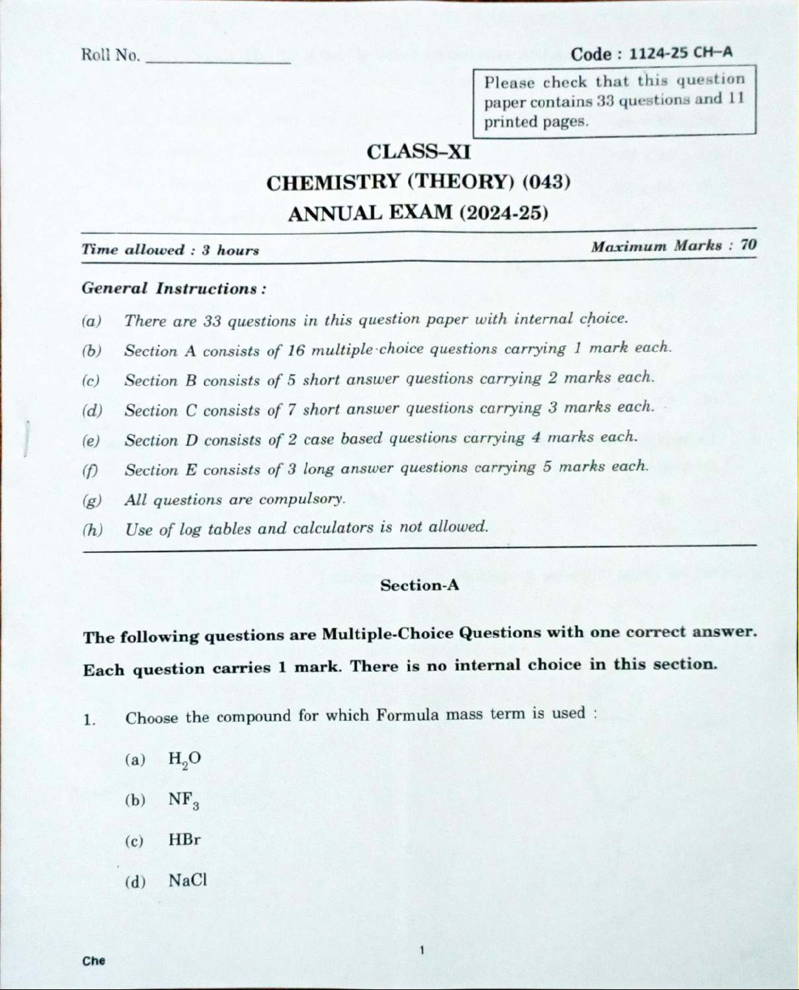 XI CHEMISTRY (043) ANNUAL EXAM QUESTION PAPER 2025 - Studocu