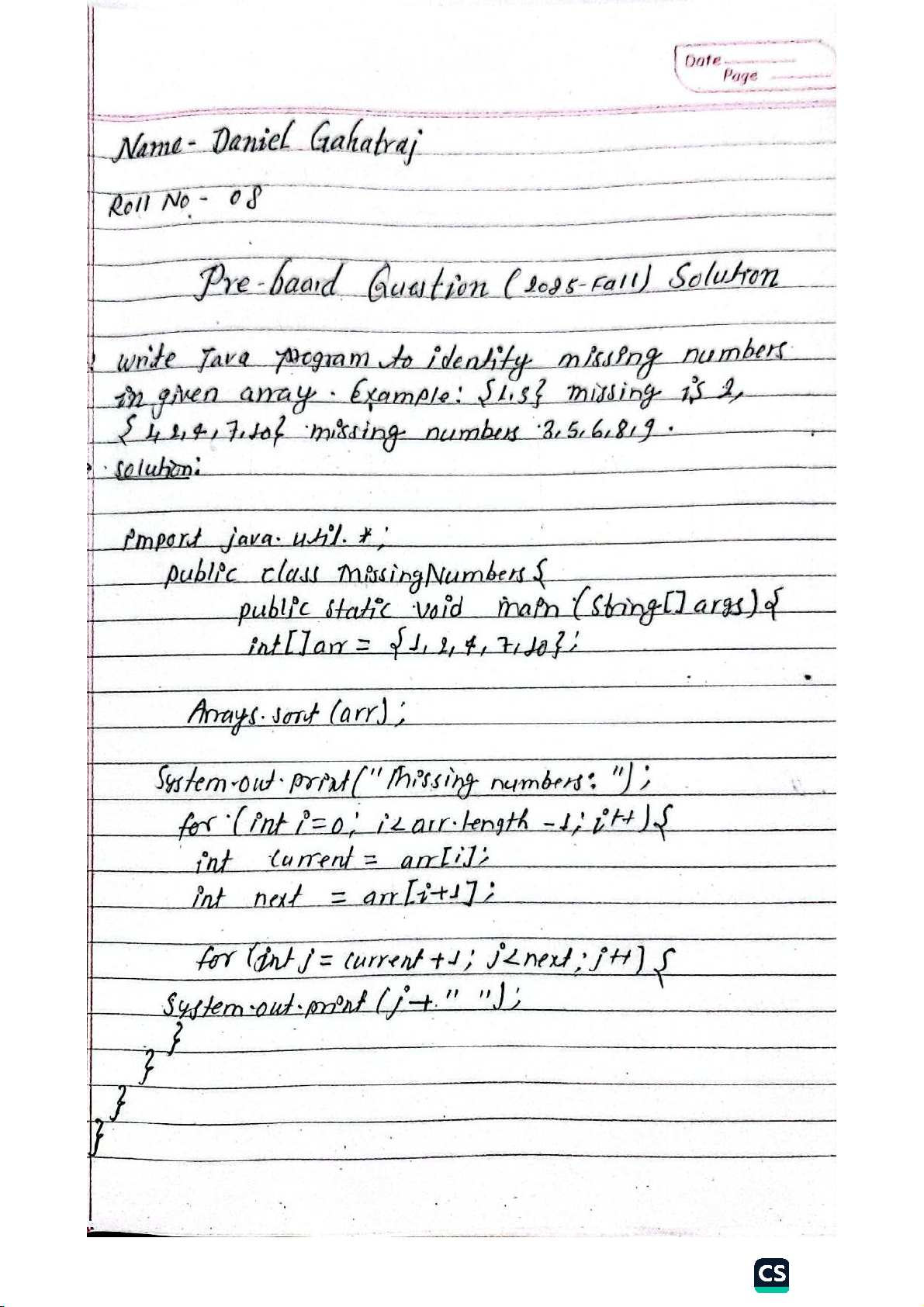 CS Final Exam: Java Programming Solutions for Missing Numbers & Access ...