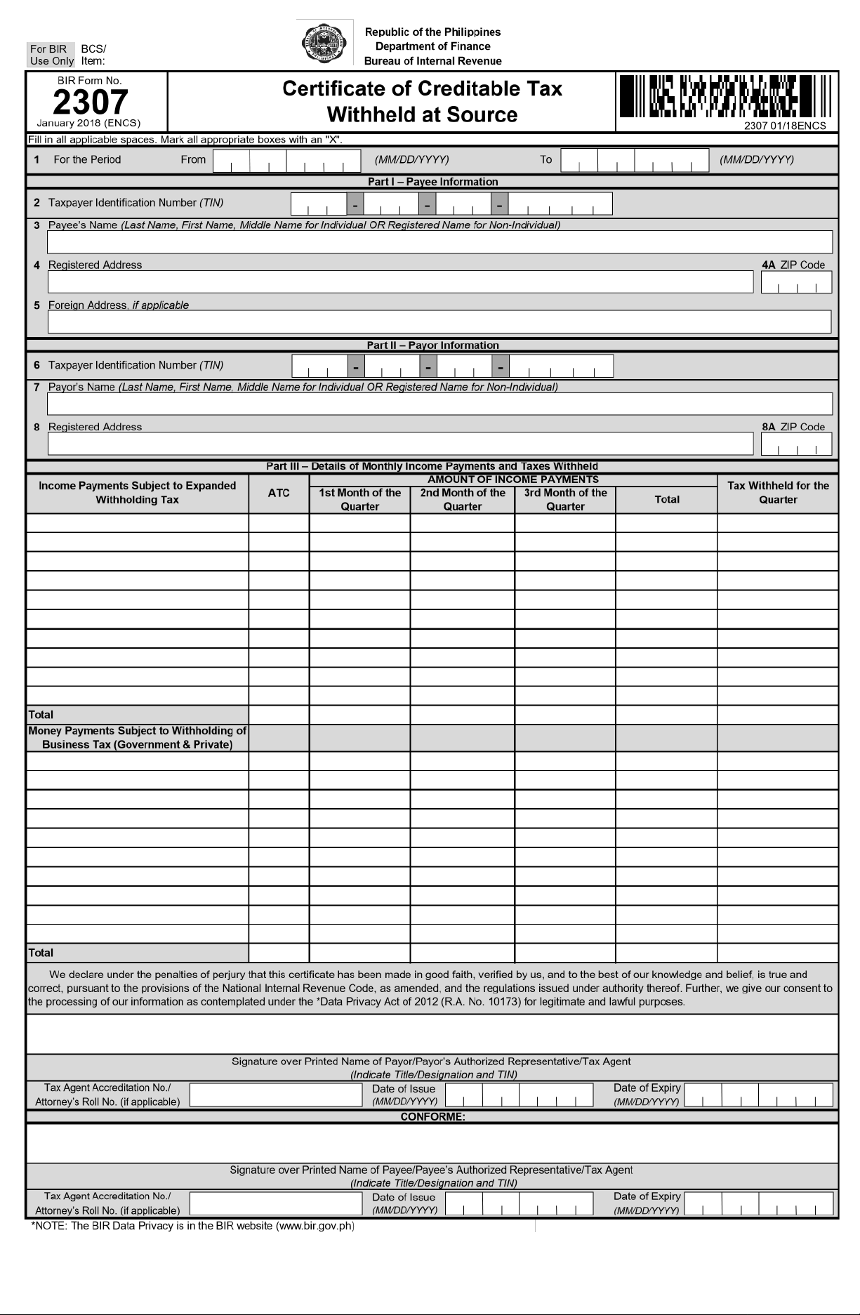 BIR-FORM-2307: Schedules of Alphanumeric Tax Codes for Income Payments ...