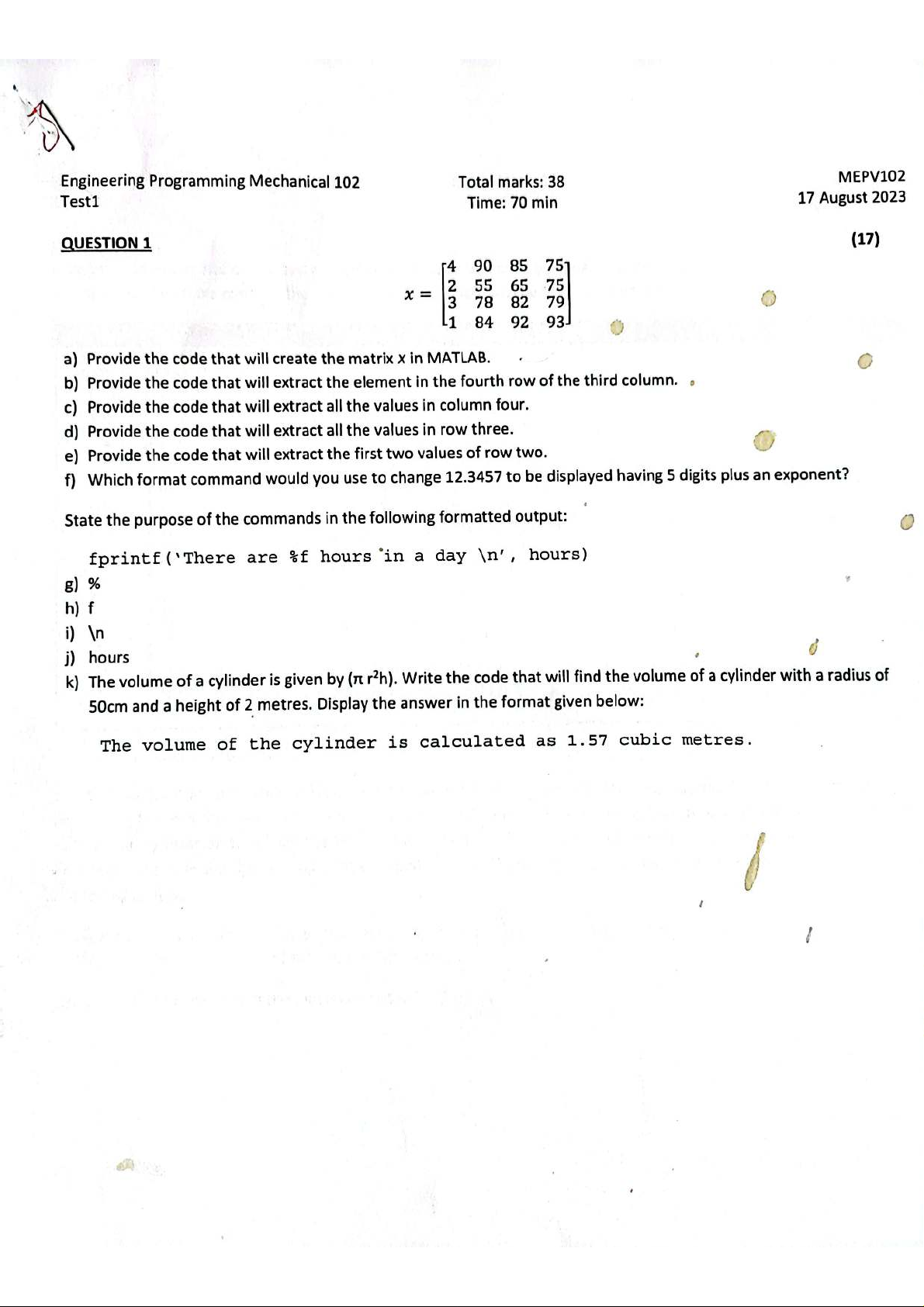 D Programmer MEPV102 Engineering Programming Test 1 & 2 Practice Solutions - Studocu