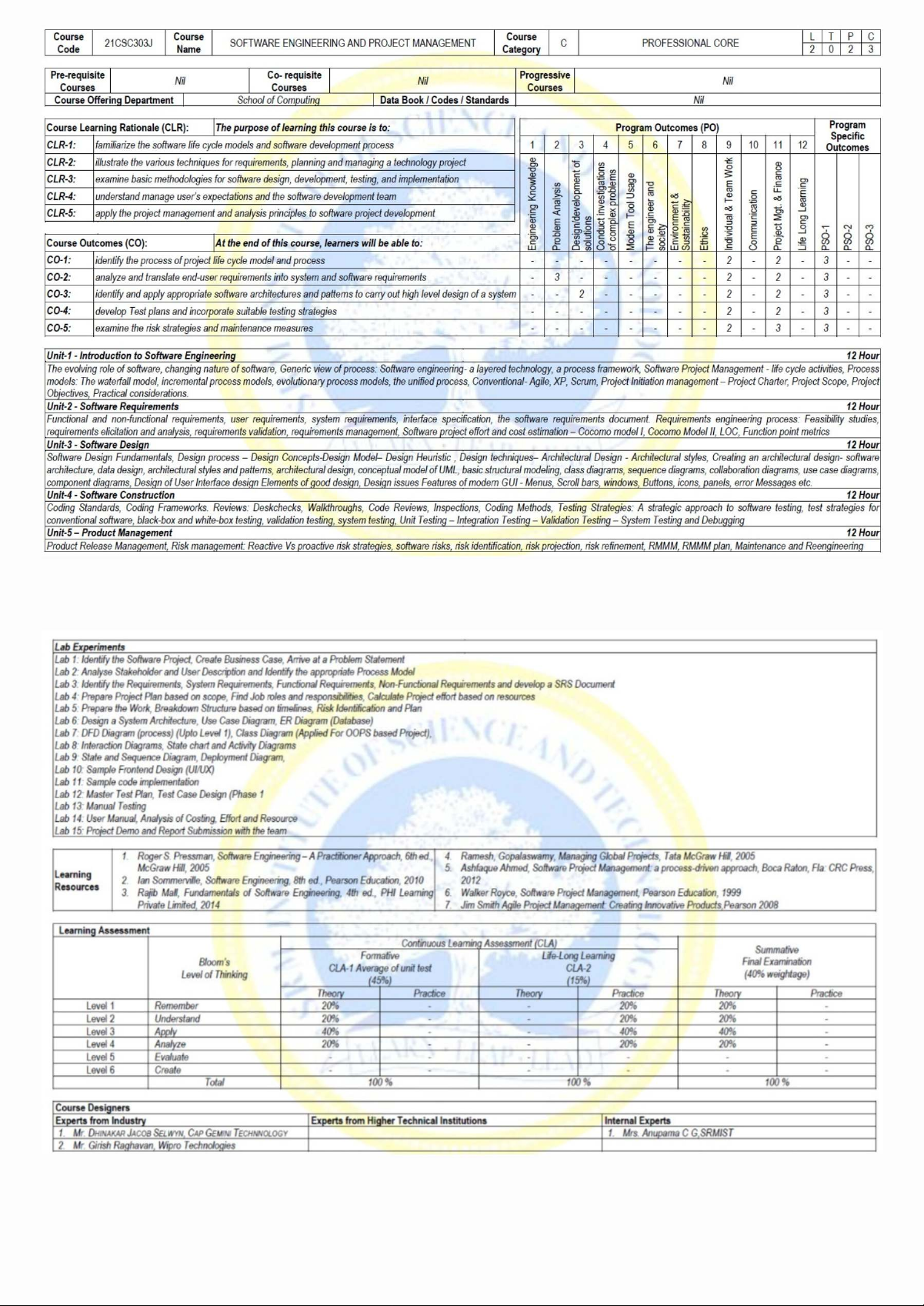 Syllabus for LTPC 21CSC303J: Software Engineering & Project Management ...