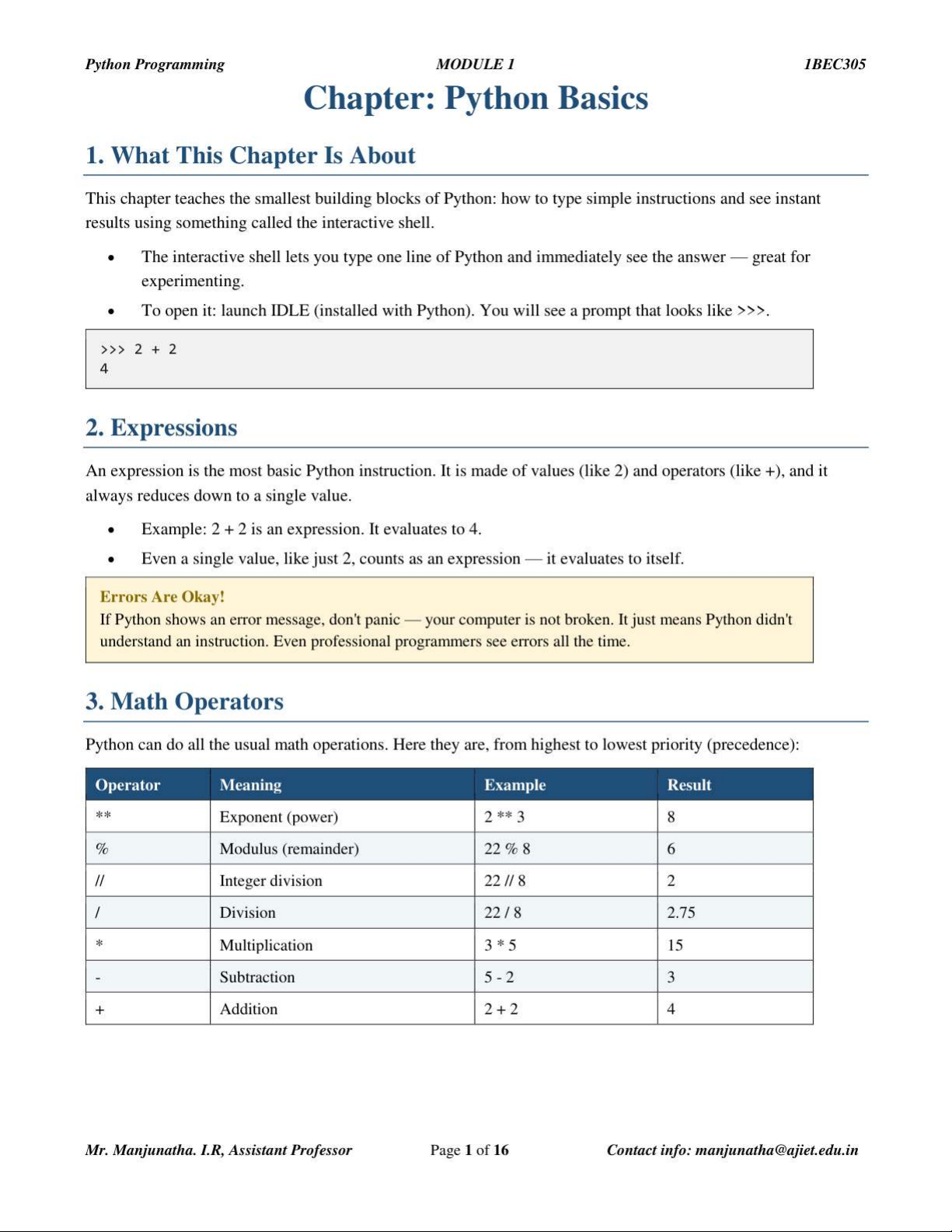 Python Programming MODULE 1 1BEC305: Chapter on Python Basics and ...