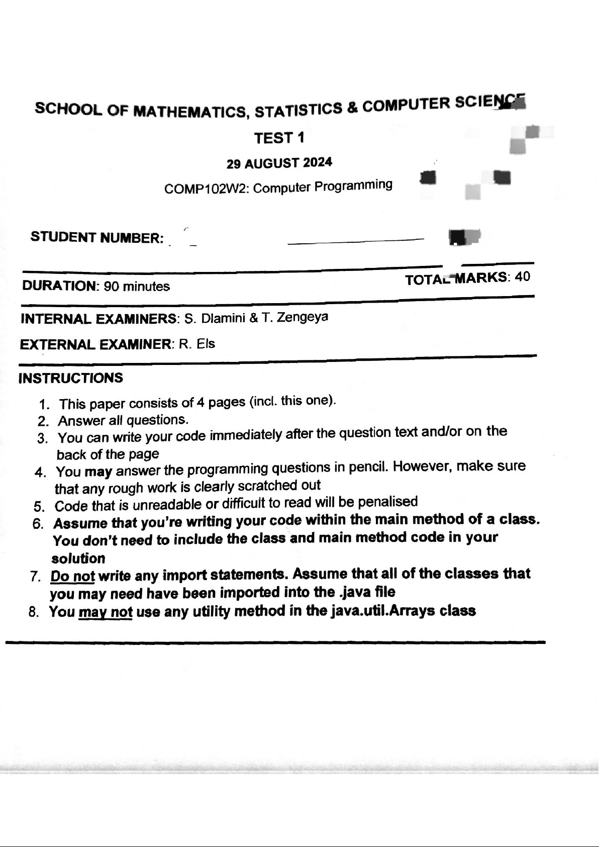 COMP102W2: Computer Programming Test 1 - 29 Aug 2024 - Studocu