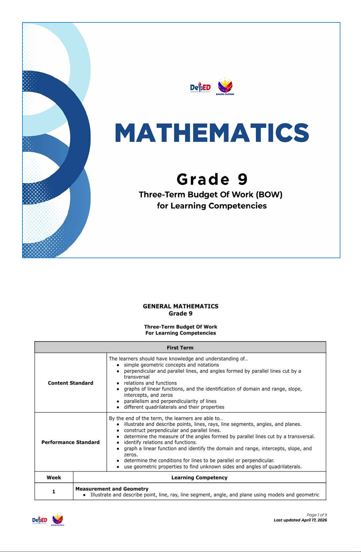 BOW G9 MATH - Grade 9 Mathematics Budget of Work for Learning ...