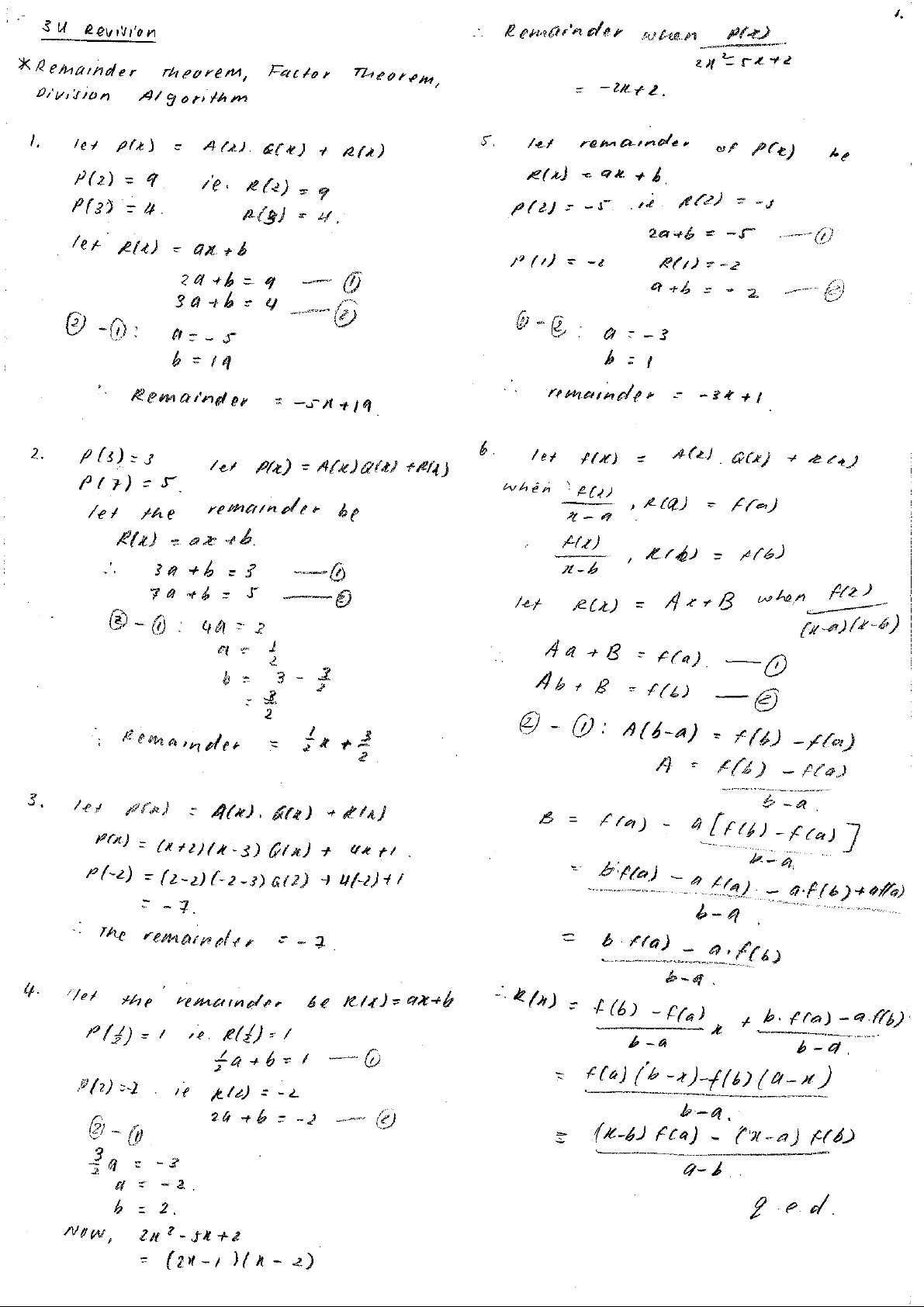 1. 3u Revision: Remainder Theorem, Factor Theorem & Division Algorithm ...