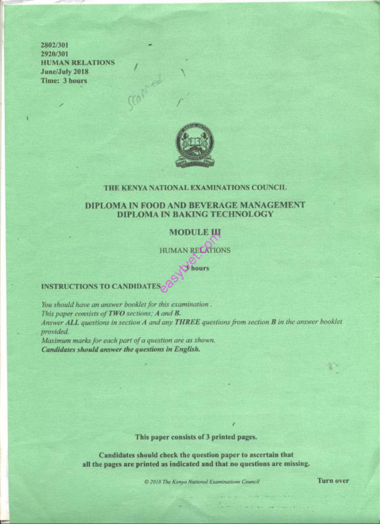 HUMAN RELATIONS 2018 Exam Paper - Diploma in Food & Beverage Management ...