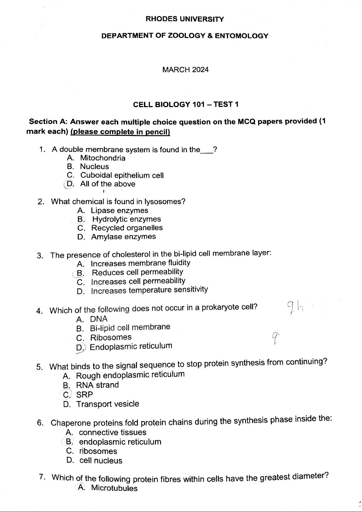 CELL BIO 101 Test 1 - March 2024 MCQ Questions and Answers - Studocu