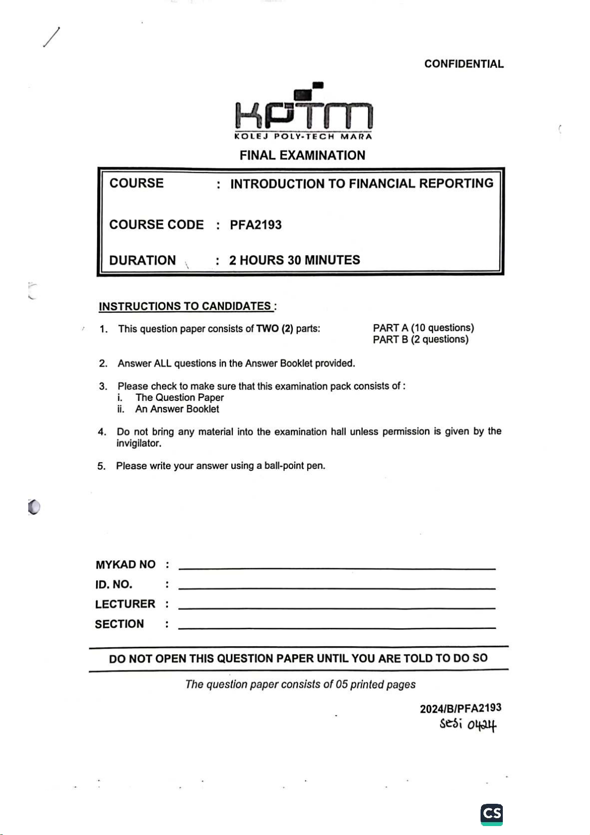 QP Final Exam PFA2193 - Intro to Financial Reporting 2023 - Studocu