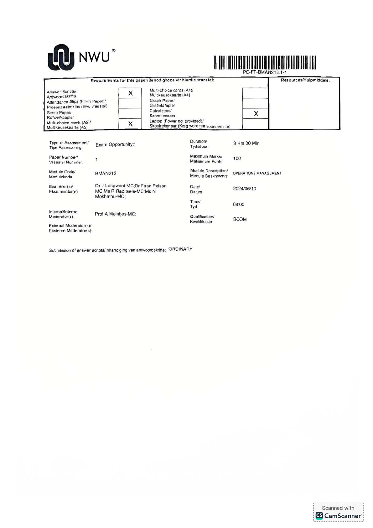 BMAN213: Operations Management Exam Paper 1 - 1st Opportunity - Studocu