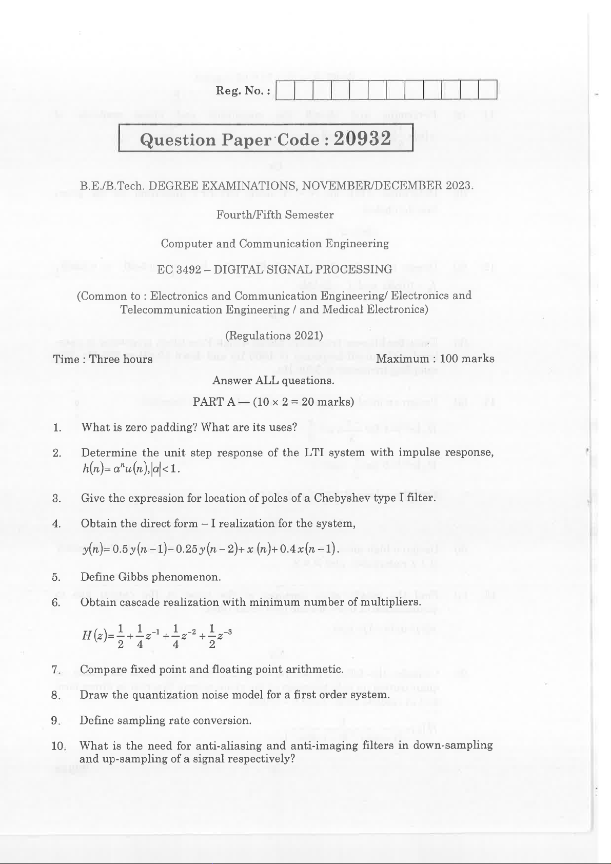 EC 3492-DSP-ND23 - Final Exam Notes on Digital Signal Processing - Studocu